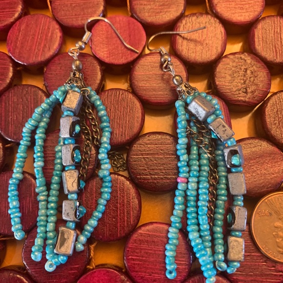 Hand painted blue beaded multi strand earrings. - Picture 3 of 4